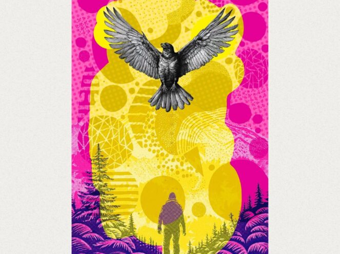 A vibrant and surreal artwork featuring a black-and-white bird in mid-flight, prominently centered against a dynamic background of bright pink and yellow patterns. Below, a silhouette of a person stands amidst stylized forest scenery with bold, textured trees and terrain in shades of purple. The design combines natural and abstract elements, with the bird symbolizing freedom or transcendence and the human figure suggesting exploration or self-discovery. The composition is striking and energetic, blending nature and imagination seamlessly.