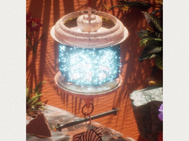 An artistic lantern suspended in a serene, nature-inspired setting. The lantern features a delicate, ornate design with a glowing core emitting a soft, sparkling blue light, creating an ethereal effect. It hangs against a warm orange backdrop, surrounded by lush greenery, flowers, and natural elements like stones. Shadows from nearby plants enhance the texture and depth of the composition, evoking a tranquil and enchanting atmosphere.
