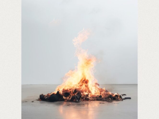 A striking image of a controlled fire burning on a flat, reflective surface, creating a dramatic effect with flames reaching upward against a pale, minimalistic background. The vivid orange and yellow tones of the fire contrast sharply with the muted gray surroundings, emphasizing the intensity and energy of the flames. The composition is clean and abstract, evoking themes of transformation, renewal, or ephemeral beauty.