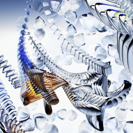 An abstract digital artwork featuring intricate glass-like structures that twist and flow dynamically through the image. The composition includes crystalline forms in clear, blue, and amber hues, interspersed with floating, petal-shaped elements. The overall design evokes a sense of movement and fluidity, with reflective surfaces and sharp details creating a futuristic, otherworldly aesthetic.