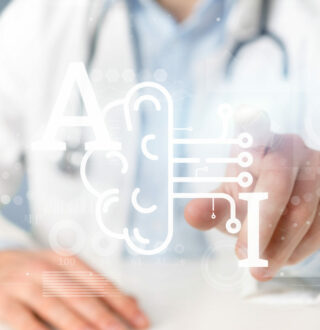 Doctor holding Artificial intelligence icon with half brain and half circuit 3d rendering