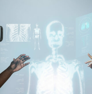 Doctors wearing VR simulation with hologram medical technology